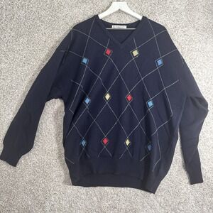 Vintage Lyle & Scott Argyle Sweater Mens XLarge V-Neck Blue‎ Colorful Diamonds